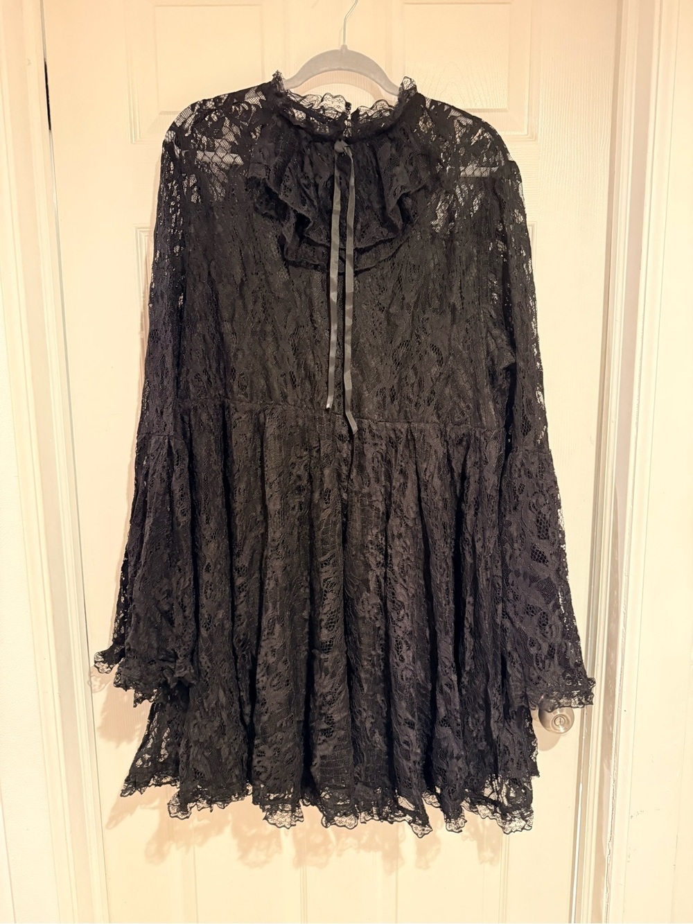 SHEIN Black Lace Long Sleeve Ruffled Tie Neck Mini Dress